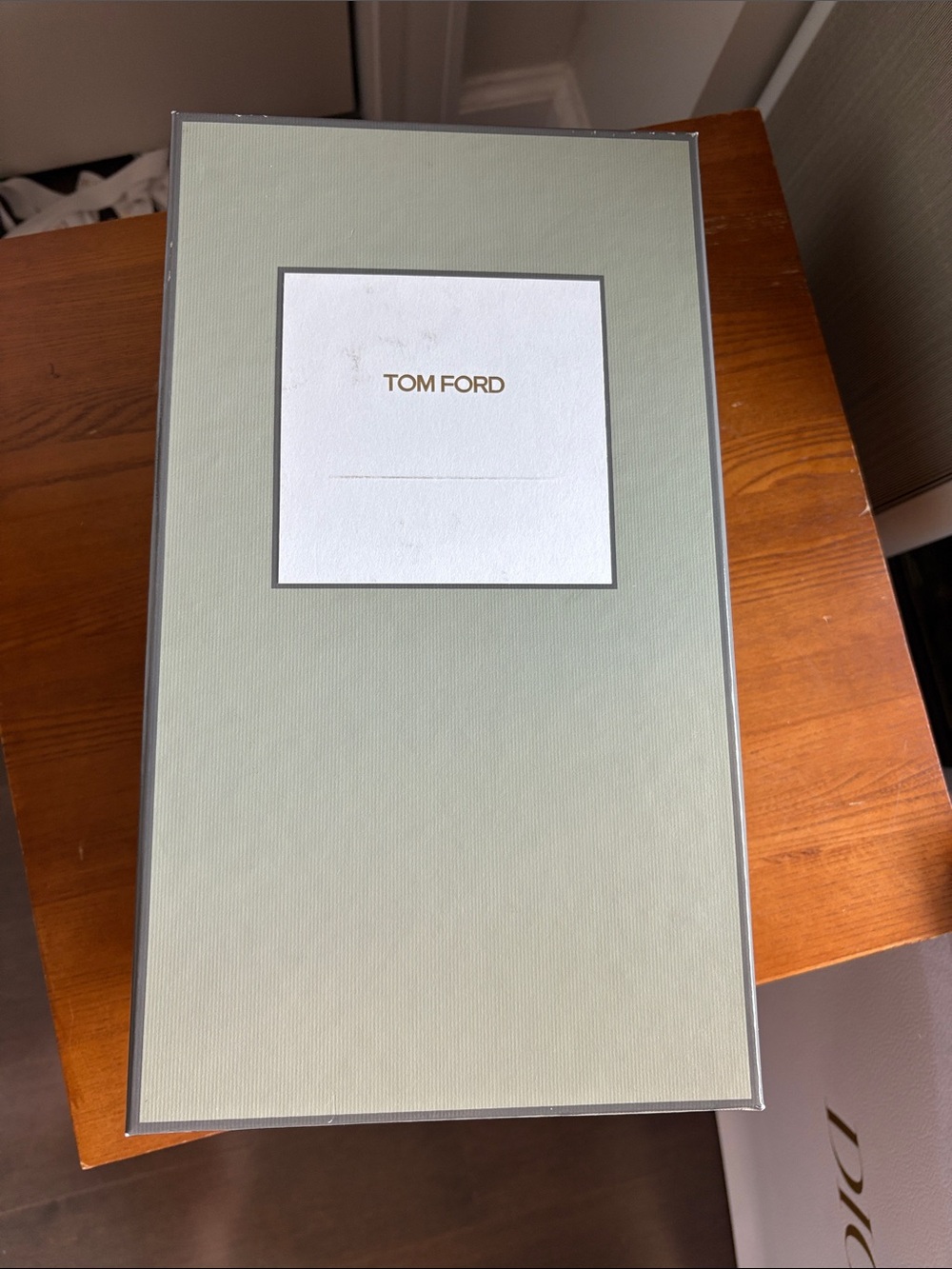 Tom Ford Sage Green Gift Box with White Label and Gold Logo